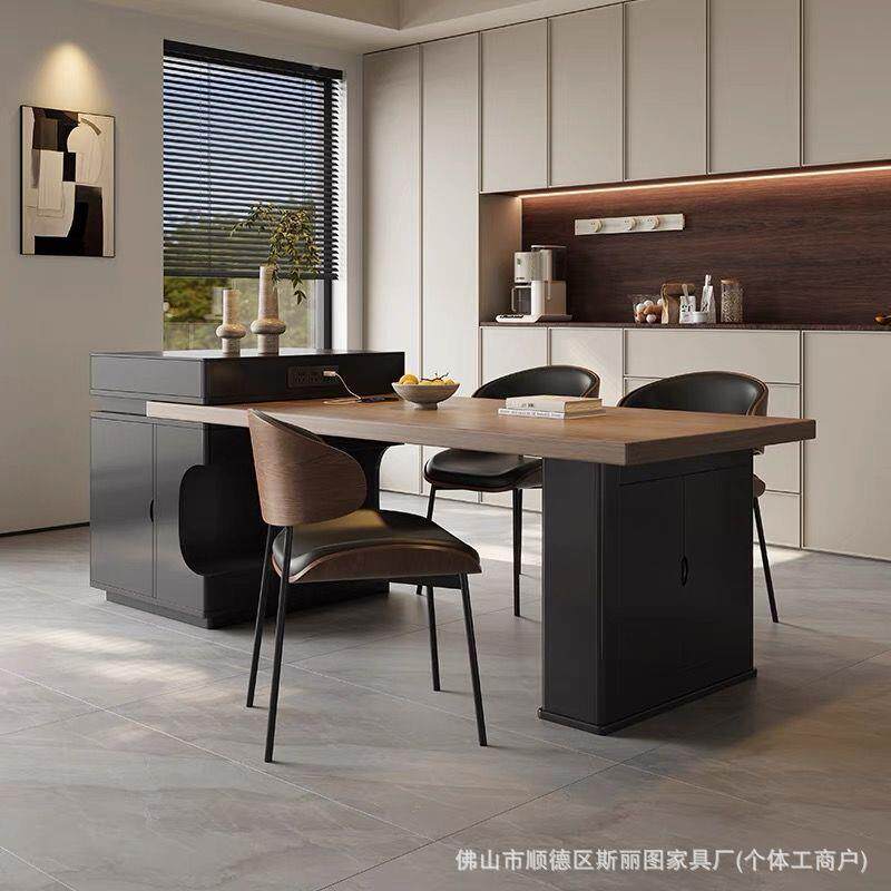 意式轻奢实木台餐桌一体可伸缩用小户型多家功NUD能高饭级中岛岛
