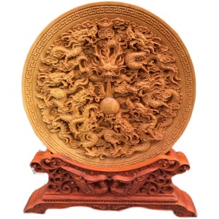 崖柏木雕圆盘龙凤呈祥 福禄寿摆件家居古典装饰品红木雕刻工艺品