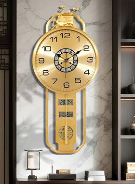 新中式黄铜鹿挂钟实YH-8307装木轻奢客厅饰钟表万年历石英钟83307