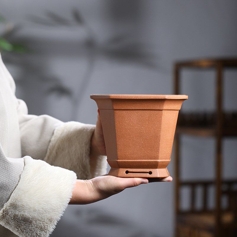清香阁紫砂 降坡泥八方铃铛花盆 手工桌面兰花盆古典绿植客厅花器