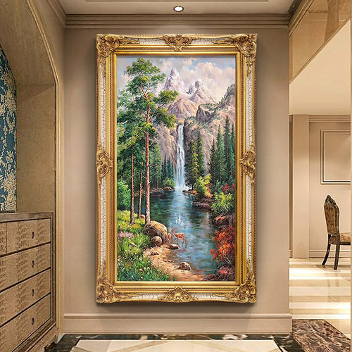 欧式古典手绘油画挂画客厅装饰画书房聚宝盆卧室玄关风景高山流水