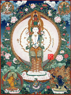 独家千手观音菩萨唐卡西藏热贡手绘印刷复制家居客厅装饰挂画