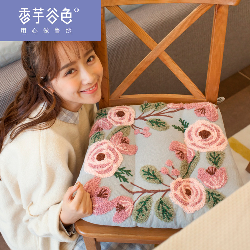田园刺绣加厚椅垫 香芋谷色透气电脑椅垫办公坐垫 四季布艺餐椅垫