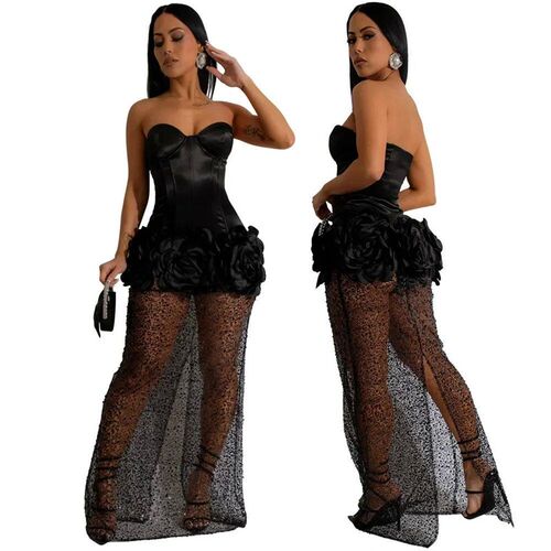 INS Women Strapless Mesh Stain High Waist 3D Flower