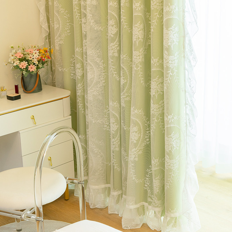 法式复古层蕾丝洛可可纱帘抹茶绿客厅卧室飘窗遮光布纱一体窗帘,居家布艺,定制窗帘,淘宝优惠券,粉丝福利购,淘宝优惠卷