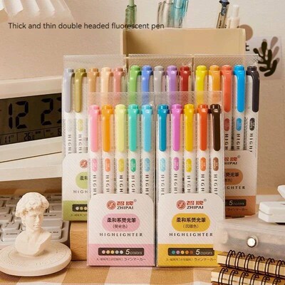 5 Colors/box Double Headed Highlighter Pen Set Fluorescent D