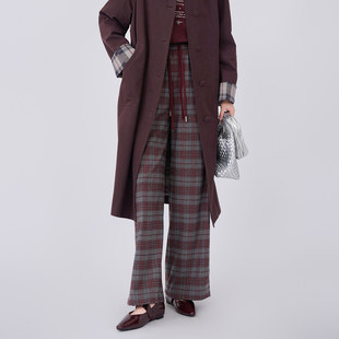 米诗薇格子休闲裤毛呢2026春装新款阔腿裤小个子宽松垂感直筒裤子