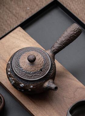 粗陶鎏金侧功把茶壶36712壶梅花复古夫茶具手工陶单瓷温茶炉套装