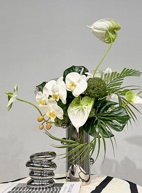 现代自然风白绿色系仿真花设计感银色花器插花装样板间餐桌摆件
