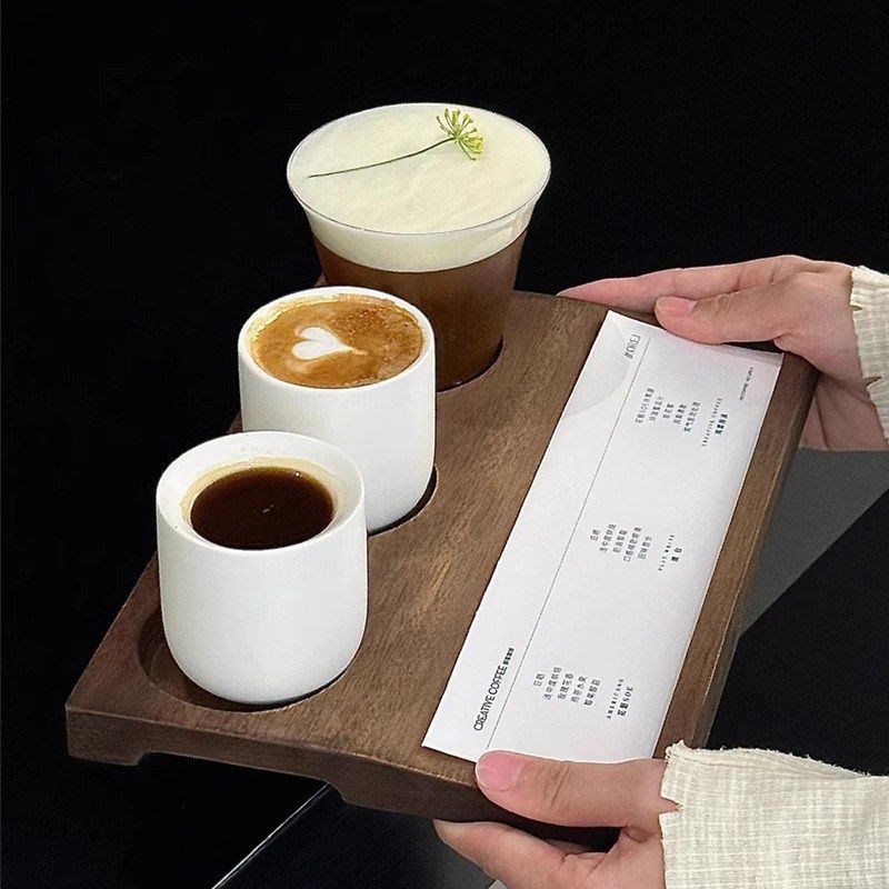 一豆三喝咖啡杯装带孔木托盘玻璃冷萃对杯意式浓缩拿铁陶瓷杯子