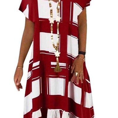 Summer Lattice Print Casual Dress Womens V-neck Short
