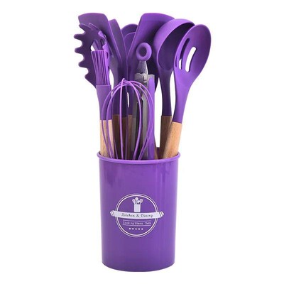 12Pcs Silicone Kitchen Utensils Cooking Wooden Handle Non St