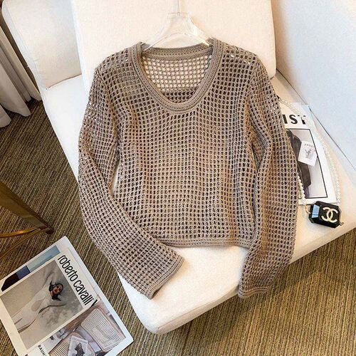 Long Sleeve Crochet Top for Women O-Neck Regular Fit