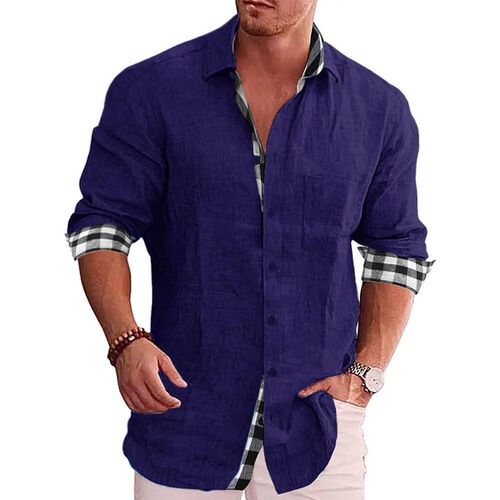 New Mens Cotton Linen Shirts Loose Casual Blouse Grid Long