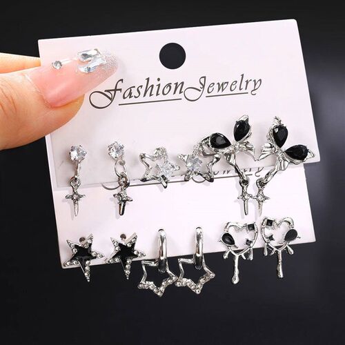 Goth Black Butterfly Crystal Star Earring Set For Women Girl