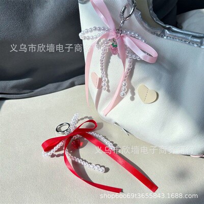 Sweet Cool Korean Red Ribbon Imitation Pearl Bow Tie Strawbe