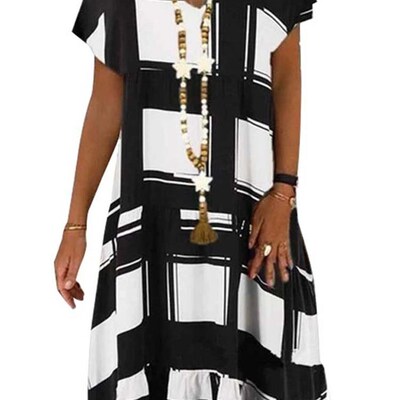 Summer Lattice Print Casual Dress Womens V-neck Short