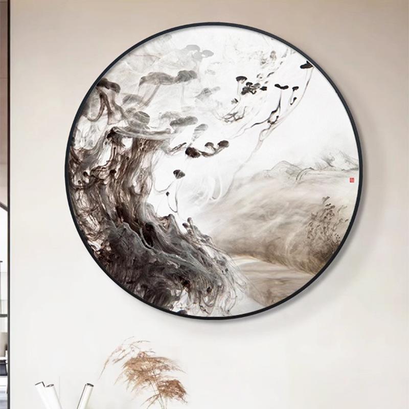 新中式玄关圆形客厅装饰画走廊过道茶室水墨禅意挂画酒店装修壁画