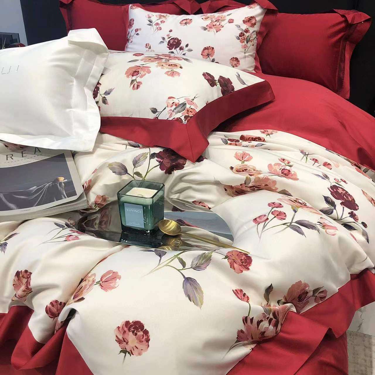 100S结婚礼铺床上用品红色玫瑰花长绒棉纯棉四件套全棉婚庆简约