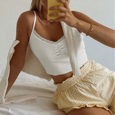 Sreetwear Lace Patchwork Summer Solid White Tank Top Women H