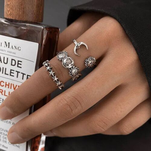 Vintage Punk Moon Stars Rings For Women 3PCS Retro Silver Co