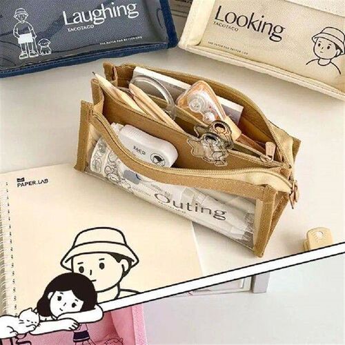 Multi Layer Canvas Transparent Pencil Case Zipper Japanese
