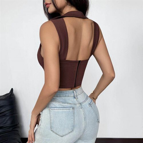 Steel ring fishbone tight open back scissor neck vest