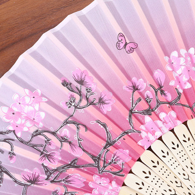 Chinese  Silk Folding Fan Wooden Shank Classical Dance Fan w