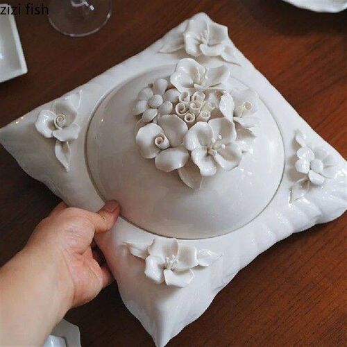 Handheld Flower Ceramic Dining Plate Soup Plates with Lid