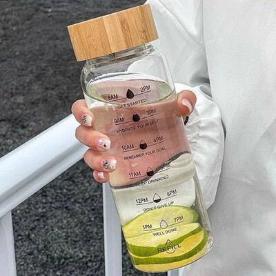 Large Capacity Glass Water Bottle with Time Scale Portable H