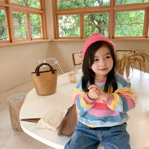Korean style Autumn boys girls casual rainbow striped sweats