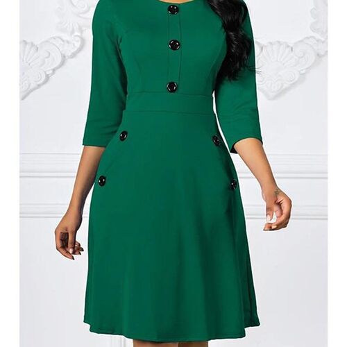 Women Spring Autumn Solid A-Line Dress Single-Breasted