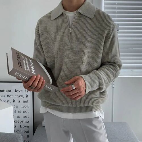3-Color Lapel Sweater Men Warm Fashion Casual Knit Pullover