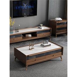 欧轻奢岩板茶几电视柜组合中蜡简约现代白木实木ESZ新式客厅茶几