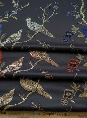 中国风缎色面金丝花鸟TH3554-2旗袍花提布多色y唐装di礼服织中式