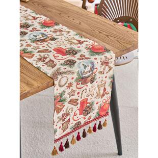 圣诞桌旗氛围感流苏长桌条巾新年圣诞派对桌面装饰餐垫电视斗柜旗