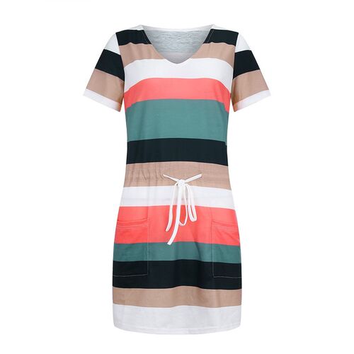 Women Drawstring Striped Print Dress Summer Female V Neck