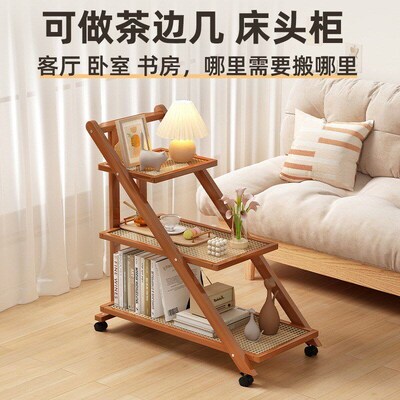 Wooden coffee table living room movable storage rack small