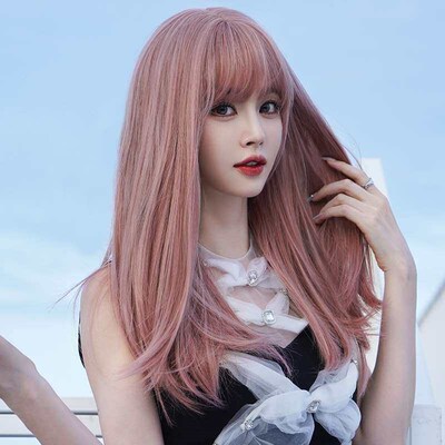 Wig Womens Long Hair Full Head Cover Long Air Bang Pink Wig