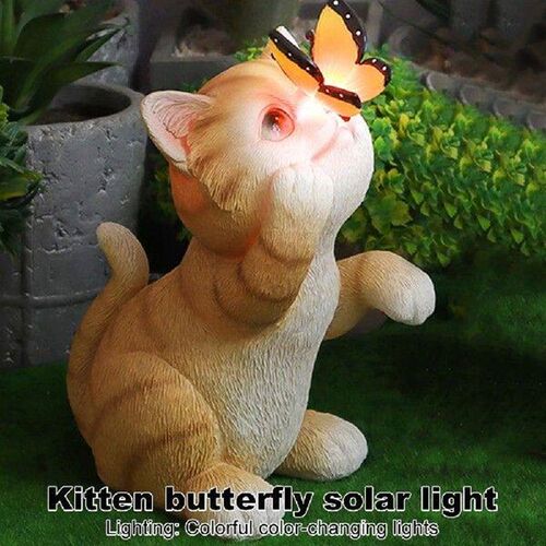 Color Change Kitten Statue with Butterfly Solar Lantern