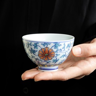 青花斗彩禅定茶杯单个高档个人专用主人杯陶瓷功夫茶具中式泡茶杯