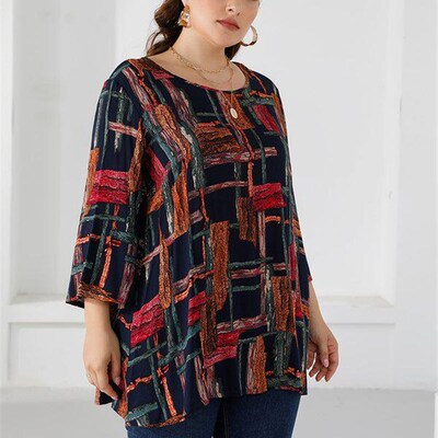 4XL 5XL Plus Size Blouse Women 2021 Autumn Three Quarter Sle