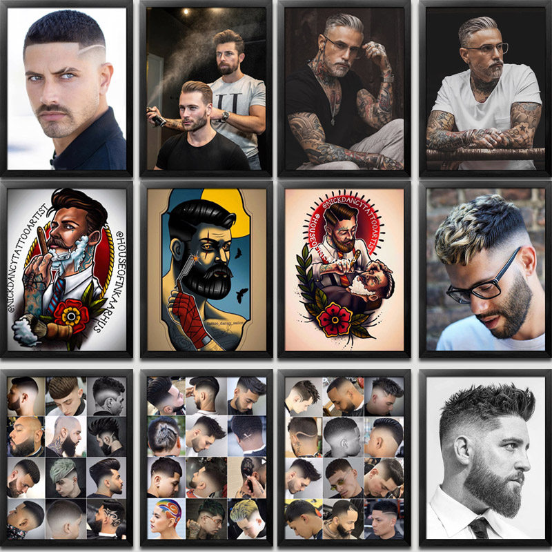 复古男士油头发型图片理发店装饰画发廊手艺人壁画美发店墙面挂画