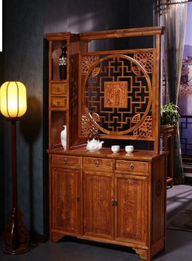 客厅入户进门中式全实木隔断柜雕花榆木鞋柜屏风双面门厅柜玄关柜