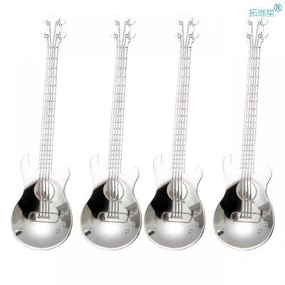 4 Pc Stainless Steel Coffee Spoons Guitar Silver Teaspoons