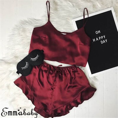 Silk Robe Camis Shorts 2Pcs Babydoll Nightwear Red Sleepwear