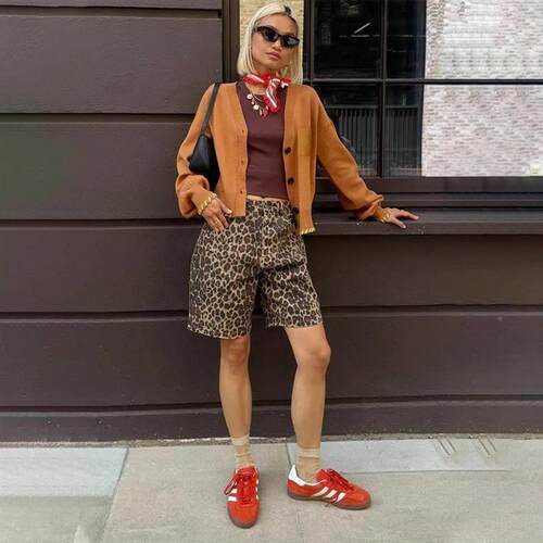 Cotton five quarter pants street leopard print shorts women