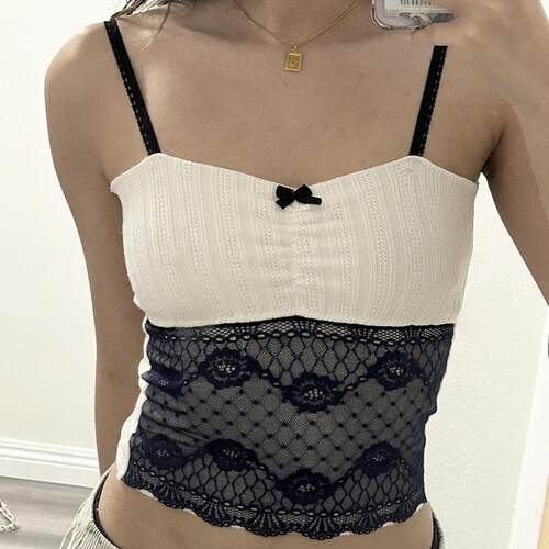E-girl Cute Black Mesh Patchwork Crop ops Cute Bow Spaghetti