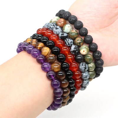 Natural Stone Round Beads Bracelet Amethyst Rose Quartz