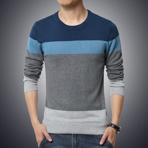 Casual Mens Sweater O-Neck Striped Slim Fit Knittwear 2023